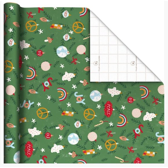 Hallmark Wrapping Paper Christmas Peace on Earth Ornaments Green 22.5 sq ft Roll - Picture 2 of 5